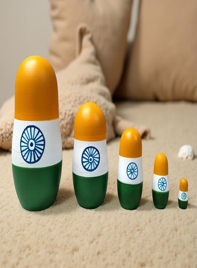 CHANNAPATNA TOYS Wooden Indian Flag Russian Nesting Dolls Set for Kids (2 Years+) - 6 Inch Multicolor - Set of 5 pcs - Improves Hand Eye Coordination and Fine Motor Skills - Image 1